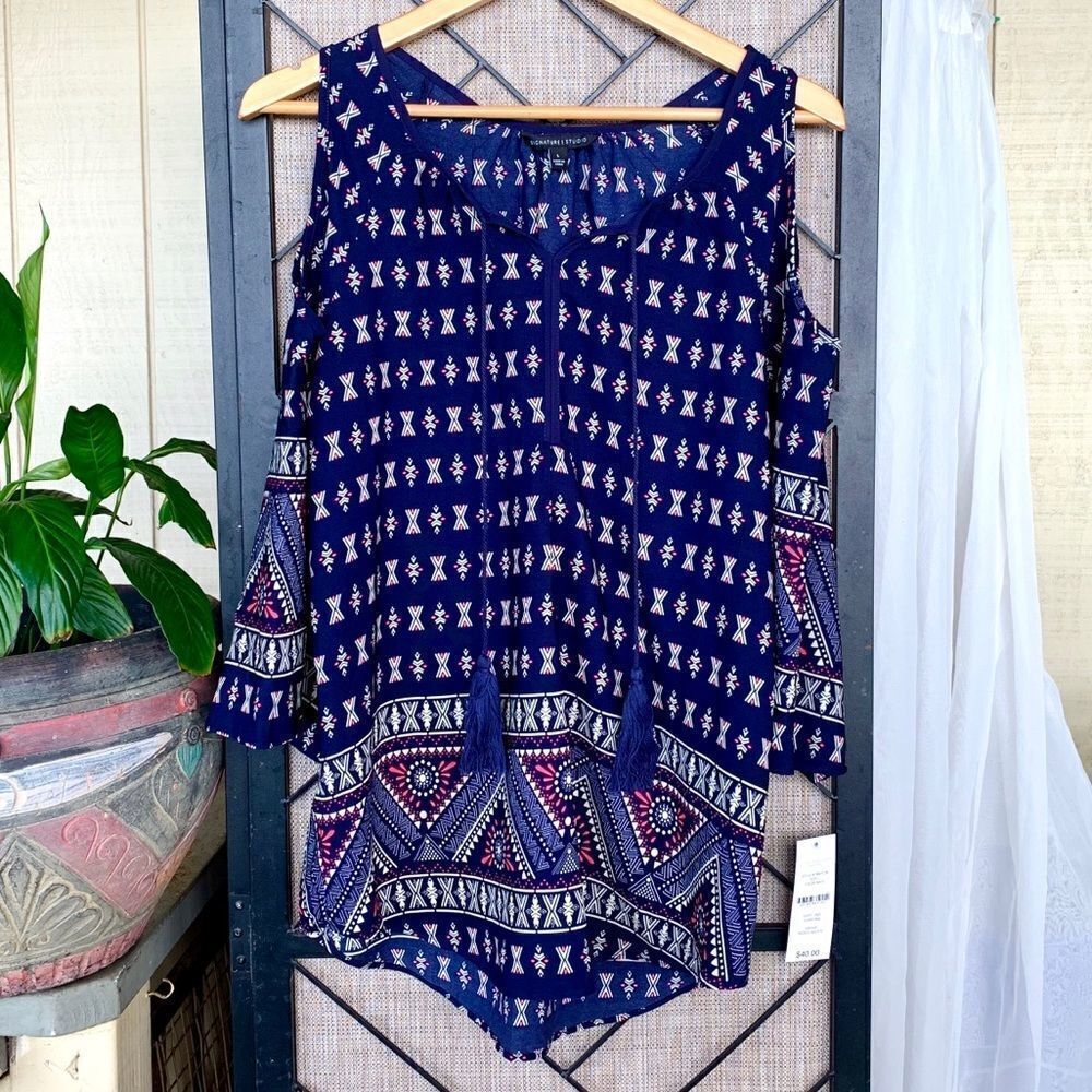 Signature Studio Open Shoulder Blue Dress L NWT